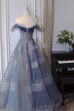 A-Line Off Shoulder Layers Tulle Long Evening Dress, Blue Formal Dress HZ1024