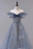 A-Line Off Shoulder Layers Tulle Long Evening Dress, Blue Formal Dress HZ1024