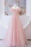 Pink Tulle Beaded Long Prom Dress, A-Line Evening Party Dress HZ1024