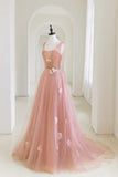 Pink Tulle Applique Long Evening Dress, A-Line Junior Prom Dress HZ1024