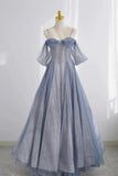 Blue Spaghetti Strap Tulle Long Prom Dress, A-Line Formal Dress HZ1024