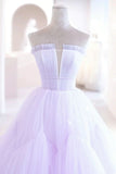 Purple Strapless Tulle Long Formal Gown, Purple A-Line Evening Dress HZ1024