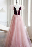 Burgundy Velvet and Pink Tulle Long A-Line Prom Dress, Lovely Party Dress HZ1024