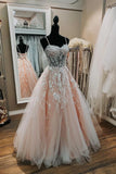 Pink Sweetheart Neck Lace Long Prom Dresses, A-Line Formal Dresses HZ1024
