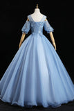 Blue Lace Long A-Line Prom Dresses, Blue Evening Dresses HZ1024