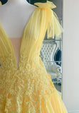 Yellow V-Neck Lace Long Prom Dresses, A-Line Evening Dresses HZ1024