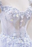 Light Blue Tulle Lace Long Prom Dress, A-Line Graduation Dress HZ1024