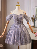 Shiny Tulle Sequins Knee Length Prom Dress, A-Line Off the Shoulder Evening Party Dress HZ1024