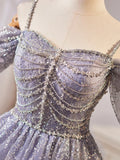 Shiny Tulle Sequins Knee Length Prom Dress, A-Line Off the Shoulder Evening Party Dress HZ1024