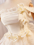 Champagne Lace Layer Knee Length Prom Dress, Off the Shoulder Evening Party Dress HZ1024