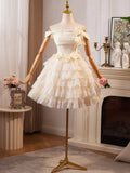 Champagne Lace Layer Knee Length Prom Dress, Off the Shoulder Evening Party Dress HZ1024