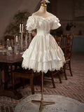 White Satin Lace Knee Length Prom Dress, A-Line Off the Shoulder Evening Party Dress HZ1024