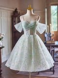 Green Tulle Knee Length A-Line Party Dress, Lovely Off the Shoulder Evening Dress HZ1024