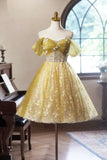 Yellow Floral Tulle Knee Length Prom Dress, Lovely A-Line Off the Shoulder Evening Party Dress HZ1024