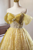 Yellow Floral Tulle Knee Length Prom Dress, Lovely A-Line Off the Shoulder Evening Party Dress HZ1024