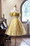 Yellow Floral Tulle Knee Length Prom Dress, Lovely A-Line Off the Shoulder Evening Party Dress HZ1024