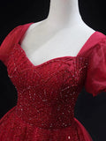 Burgundy Tulle Beaded Knee Length Party Dress, A-Line Short Sleeve Evening Party Dress HZ1024