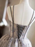 Gray Tulle Sequins Short Party Dress, Cute Spaghetti Strap Backless Evening Dress HZ1024