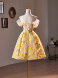 Yellow Floral Sequins Knee Length Prom Dress, Off the Shoulder Evening Party Dress HZ1024