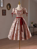 A-Line Floral Satin Short Prom Dress, Cute Short Sleeve Evening Homecoming Dress HZ1024