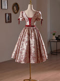 A-Line Floral Satin Short Prom Dress, Cute Short Sleeve Evening Homecoming Dress HZ1024