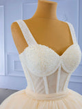 Champagne Tea Length Tulle Beaded Party Dress, Charming A-line Evening Graduation Dress HZ1024