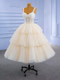 Champagne Tea Length Tulle Beaded Party Dress, Charming A-line Evening Graduation Dress HZ1024
