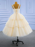 Champagne Tea Length Tulle Beaded Party Dress, Charming A-line Evening Graduation Dress HZ1024