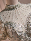 Beautiful Beading Pearl Sequins Green Prom Dresses, High Neckline Tea Length Sage Green Party Dress HZ1024