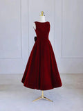 Burgundy Tea Length Velvet Prom Dress with Bowknot, Burgundy Evening Party Dress HZ1024