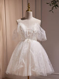 Ivory V-Neck Beaded Straps Party Dress, Ivory Knee Length Prom Dress HZ1024