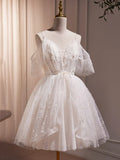 Ivory V-Neck Beaded Straps Party Dress, Ivory Knee Length Prom Dress HZ1024