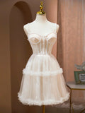 Champagne Spaghetti Strap Party Dress, Cute A-Line Evening Dress with Pearls HZ1024