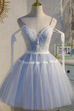 Previous Next Blue Lace Short A-Line Prom Dress, Cute Spaghetti Strap Party Dress HZ1024
