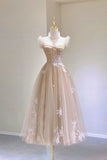Champagne Lace Tea Length Prom Dresses, A-Line Evening Dresses HZ1024