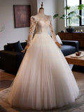 White Tulle Lace Floor Length A-Line Formal Dresses, Beautiful Long Sleeve Evening Party Dress HZ1024