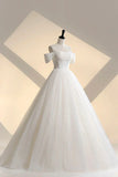 Ivory Tulle Off the Shoulder Formal Gown, Elegant A-Line Wedding Dress HZ1024