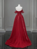 Wine Red A-line Tulle Sweetheart Floor Length Party Dress, Wine Red Tulle Prom Dress HZ1024