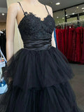 A-line Black Layers Tulle with Lace Straps Party Dress, Black Tulle Prom Dress HZ1024