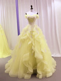 Yellow Tulle with Lace Sweetheart Long Formal Dress, Yellow Tulle Prom Dress HZ1024