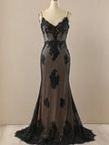 Black Mermaid Lace Straps Evening Dress Party Dress, Black Long Prom Dress HZ1024