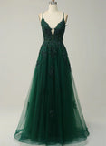 Green V-neckline Tulle with Lace Cross Back, Green Tulle Prom Dress HZ1024