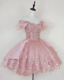 Vintage Pink Beading Design Short Evening Dress, A-line Off-the-shoulder Homecoming Dress HZ1024