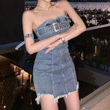 Women Strapless Bodycon Sexy Mini Denim Tube Dresses HZ1024